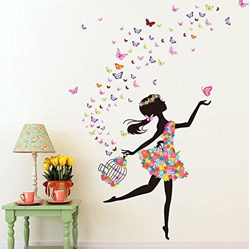 Wallpark Romántico Bailando Niña Flor Hada Mariposa Desmontable Pegatinas de Pared Etiqueta de la Pared, Bebé Niños Hogar Infantiles Dormitorio Vivero DIY Decorativas Adhesivo Arte Murales