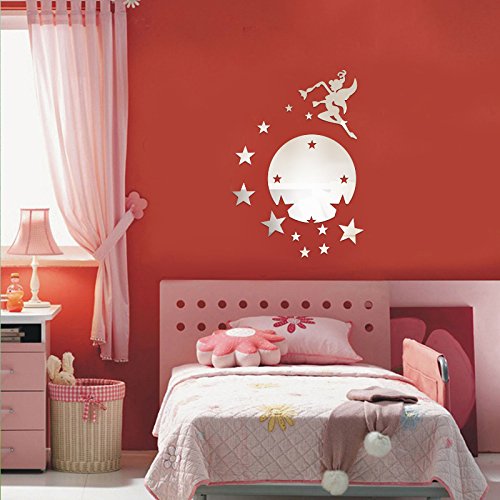 Walplus caza Tinker Bell diseño de hada con diseño de estrellas y espejo redondo decorativo, plateado Walplus caza Tinker Bell diseño de hada con diseño de estrellas y espejo redondo decorativo, plateado