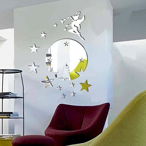 Walplus caza Tinker Bell diseño de hada con diseño de estrellas y espejo redondo decorativo, plateado Walplus caza Tinker Bell diseño de hada con diseño de estrellas y espejo redondo decorativo, plateado