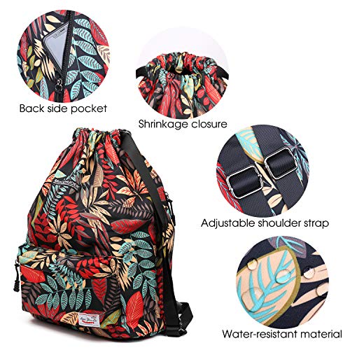 WANDF Mochila con cordón repelente al agua para ir de compras, deportes, yoga, color Red Leaf., tamaño medium WANDF Mochila con cordón repelente al agua para ir de compras, deportes, yoga, color Red Leaf., tamaño medium