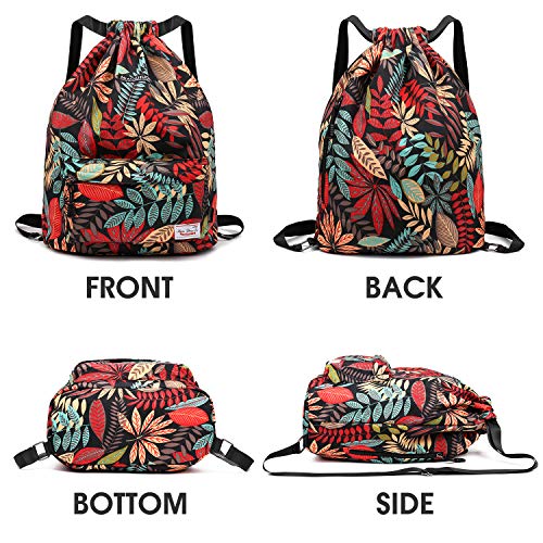 WANDF Mochila con cordón repelente al agua para ir de compras, deportes, yoga, color Red Leaf., tamaño medium WANDF Mochila con cordón repelente al agua para ir de compras, deportes, yoga, color Red Leaf., tamaño medium