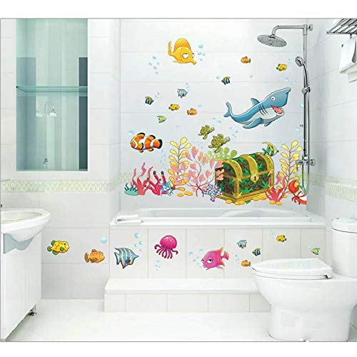 WandSticker4U- Pegatina Pared Mundo Submarino baúl del tesoro, multicolor | peces tiburón Mar Océano Acuario | adhesivo decorativo para habitación infantil niños sala de baño cuarto de baño