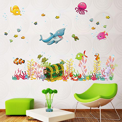 WandSticker4U- Pegatina Pared Mundo Submarino baúl del tesoro, multicolor | peces tiburón Mar Océano Acuario | adhesivo decorativo para habitación infantil niños sala de baño cuarto de baño