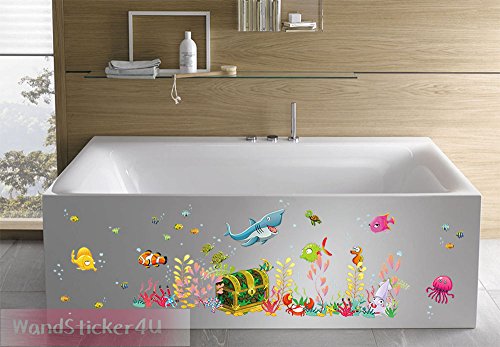 WandSticker4U- Pegatina Pared Mundo Submarino baúl del tesoro, multicolor | peces tiburón Mar Océano Acuario | adhesivo decorativo para habitación infantil niños sala de baño cuarto de baño