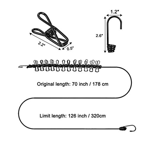 Wanxida 2 Piezas Portátil Tendedero, Elástico Ajustable Retráctil Cuerda de Ropa con 13pcs Hebillas de Posicionamiento Negro para Camping Senderismo Playa Viajes y Uso (Negro+Púrpura)