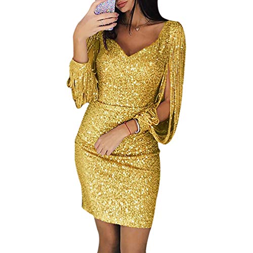 WanYangg Mujer Lentejuelas para Vestido Mini Vestido Ajustado de Manga Larga con Cuello en V Moda Faldas Atractivas de Noche Cóctel Amarillo Dorado M