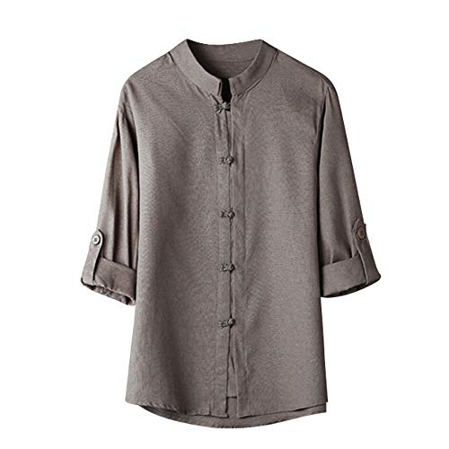 waotier Hombres Camisa CláSica De Estilo Chino De Kung Fu Tang Traje 3/4 Blusa De Lino De Manga Hebilla Especial De Hombre De Color