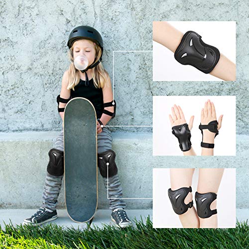 WayEee Protecciones de Patinaje para Niños Rodilleras Patinaje Ciclismo Bicicleta Monopatín Juegos de Protecciones Ajustables Infantiles para Deportes 6 pcs (Negro)