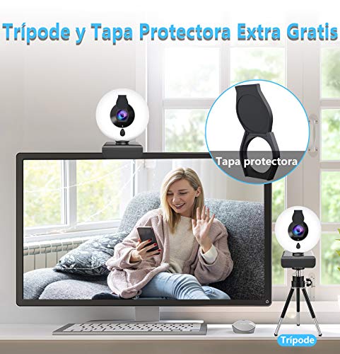 Webcam con Micrófono y Anillo de Luz, NIYPS 2K HD Camara Web con Cover y Tripode para PC/Mac/Ordenador Portatil/Sobremesa, Web CAM para Youtube, Skype, Zoom, Xbox One, PS4 y Videoconferencia