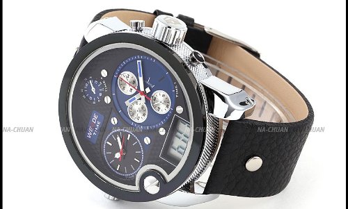 Weide Grande Reloj Deportivo de Pulsera Cuera,3 Zona Mundial Xxl Hombres Caballeros Sba Dial Negro Azul de Cuarzo