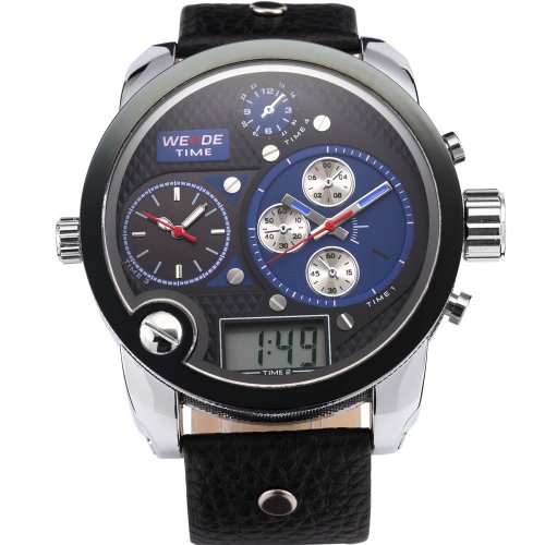 Weide Grande Reloj Deportivo de Pulsera Cuera,3 Zona Mundial Xxl Hombres Caballeros Sba Dial Negro Azul de Cuarzo