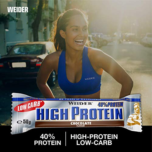 Weider 40% Protein Low Carb. Barrita alto contenido en proteínas sin hidratos de carbono. 40% de proteínas por barrita. Sabor Chocolate (24 x 50 g)