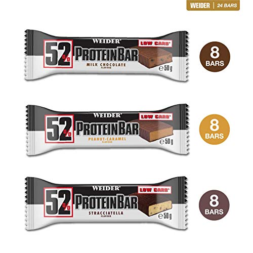 Weider 52% Barritas de Proteínas Sabores variados - 50 gr. Barrita con 52% de proteína. Baja cantidad de azúcares.