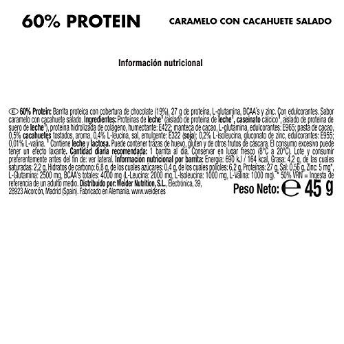 Weider 60% Protein Bar Salted Peanut Caramel 24 x 45 gr. La barrita con más proteína del mercado. Con 4 g de BCAAs por barrita.