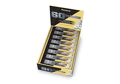 Weider 60% Protein Bar Vainilla Caramelo 24 x 45 gr. La barrita con más proteína del mercado. Con 4 g de BCAAs por barrita. Weider 60% Protein Bar Vainilla Caramelo 24 x 45 gr. La barrita con más proteína del mercado. Con 4 g de BCAAs por barrita.