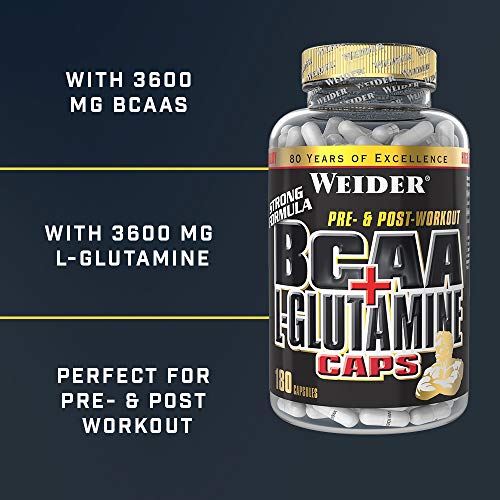 Weider BCAA+L-Glutamine 180 Cáps. 1800 mg de L-Glutamina, 3600 mg BCAAs (aminoácidos ramificados) por toma.