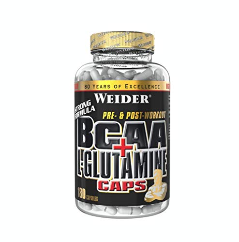 Weider BCAA+L-Glutamine 180 Cáps. 1800 mg de L-Glutamina, 3600 mg BCAAs (aminoácidos ramificados) por toma.