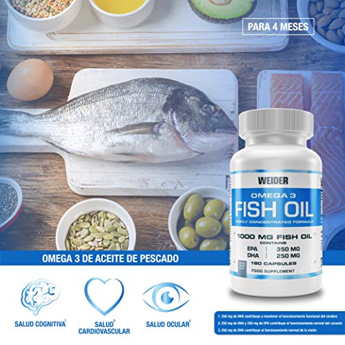 Weider Fish Oil, capsulas de aceite de pescado, Omega 3. 90 capsulas. EPA y DHA. Enriquecido con Vitamina E