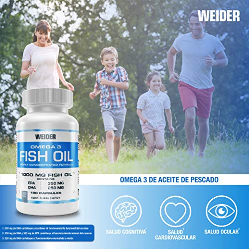 Weider Fish Oil, capsulas de aceite de pescado, Omega 3. 90 capsulas. EPA y DHA. Enriquecido con Vitamina E