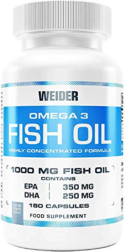 Weider Fish Oil, capsulas de aceite de pescado, Omega 3. 90 capsulas. EPA y DHA. Enriquecido con Vitamina E Weider Fish Oil, capsulas de aceite de pescado, Omega 3. 90 capsulas. EPA y DHA. Enriquecido con Vitamina E