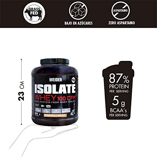 Weider Isolate Whey 100CFM 908gr Sabor Cookies. 100% aislado de proteina de suero. Cero azúcar, cero aspartamo, con stevia, con dygezime, con BCAA, apto para veganos. Isolac. Para dietas keto.