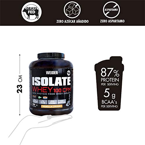 Weider Isolate Whey 100CFM 908gr Sabor Vainilla. 100% aislado de proteina de suero. Cero azúcar, cero aspartamo, con stevia, con dygezime, con BCAA, apto para veganos. Isolac. Para dietas keto.