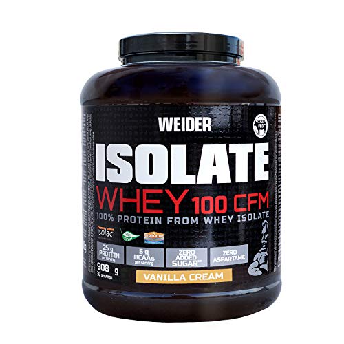 Weider Isolate Whey 100CFM 908gr Sabor Vainilla. 100% aislado de proteina de suero. Cero azúcar, cero aspartamo, con stevia, con dygezime, con BCAA, apto para veganos. Isolac. Para dietas keto.