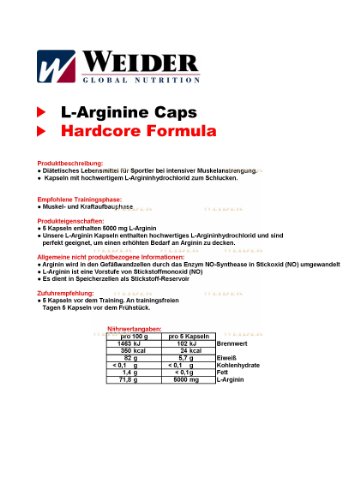 Weider L-Arginina Pura. Desarrollo de masa muscular libre de grasa. Favorece la recuperación post-entreno (100 Cápsulas - 1 g de L-Arginina por cápsula.)