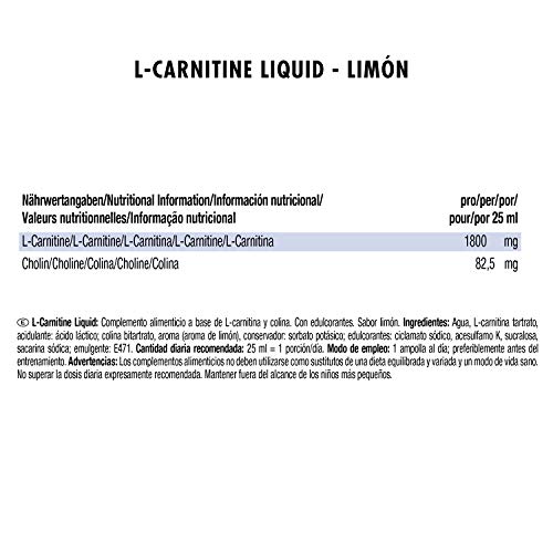 Weider L-Carnitine Ampollas Sabor limón. 20 Ampollas de 25 ml. 1800 mg de l-carnitina por Ampolla. Ayuda a quemar grasa.