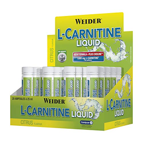 Weider L-Carnitine Ampollas Sabor limón. 20 Ampollas de 25 ml. 1800 mg de l-carnitina por Ampolla. Ayuda a quemar grasa.