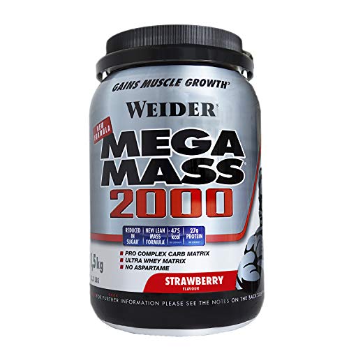 Weider Mega Mass 2000 Sabor Fresa (1500 g). 67% de hidratos y 16% proteínas. Enriquecido con Vitaminas y Minerales. Con menos azúcares