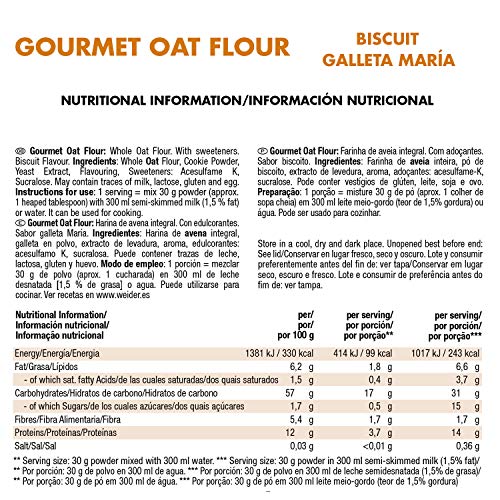 Weider Oat Gourmet. Harina de Avena Integral. Fuente de proteína con bajo contenido en azúcares. Sabor Galleta María (1,9 kg) Weider Oat Gourmet. Harina de Avena Integral. Fuente de proteína con bajo contenido en azúcares. Sabor Galleta María (1,9 kg)