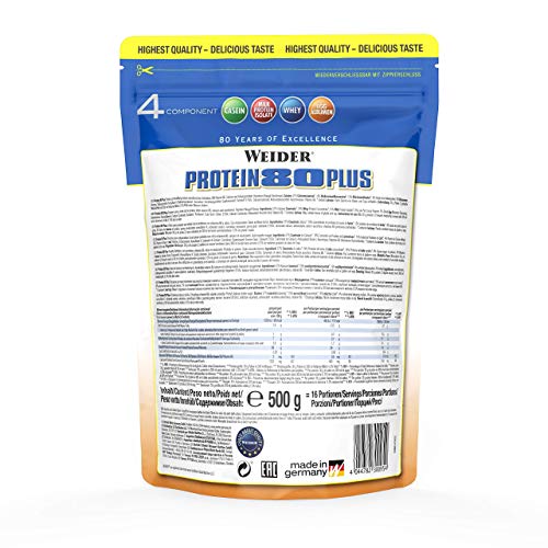 Weider Protein 80 Plus, Proteina de suero de suero de leche, Sabor Avellana Nougat, 500 gr