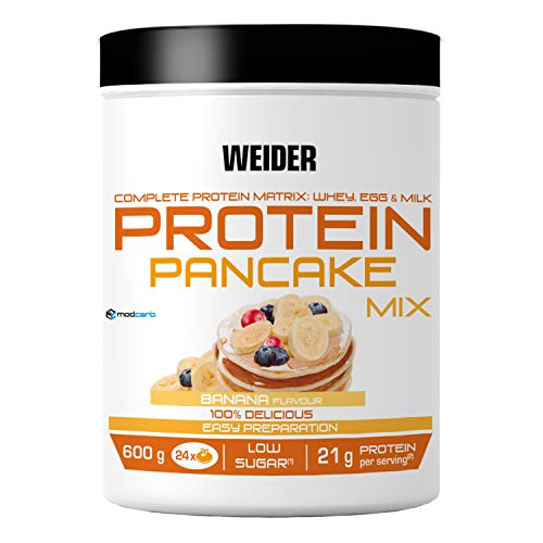 Weider Protein Pancake Mix Vainilla. Tortitas de harina de avena integral, enriquecidas con proteinas. Sabor Banana - 600 gr