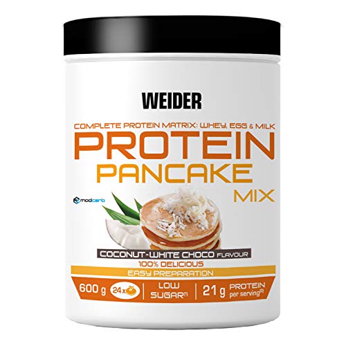 Weider Protein Pancake Mix Vainilla. Tortitas de harina de avena integral, enriquecidas con proteinas. Sabor Coco-Chocolate Blanco - 600 gr