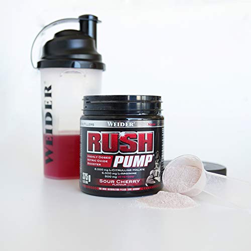 Weider Rush Pump Sour Cherry 375g. Pre-entreno sin cafeína ni creatina. Con L-Citrulina, L-Arginina, Oxystorm®, Ginko biloba y remolacha