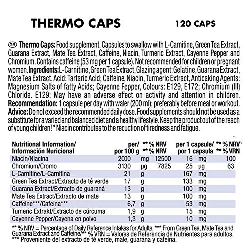 Weider Thermo Caps- 120 Capsulas. Disminuye el apetito. Potente fórmula termogénica con cafeína. Enriquecido con Cromo, Cúrcuma, l-Carnitina