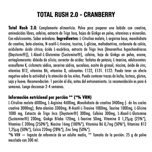 Weider Total Rush 2.0 Sabor Arándano. Fórmula con 6g de Citrulina, Creatina, Arginina, Sustamine®, Oxystorm®, Beta-Alanina, extra de cafeína. Baja en carbohidratos (375 g)