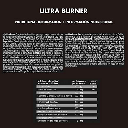 Weider Ultraburner 120 caps. Potente fórmula termogénica. Con extractos de plantas y cafeína. L-Carnitina, Cromo y Vitamina B6. Gluten Free
