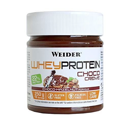 Weider Whey Protein Spread 250 g. Crema de avellana con 22% de proteínas Baja en azúcares Sin aceite de palma y sin gluten.