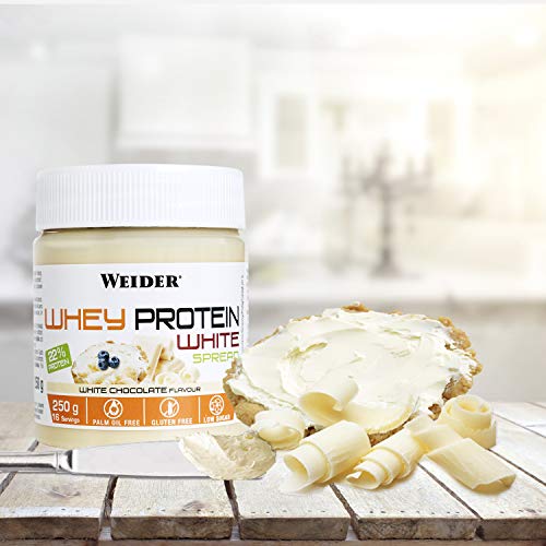 Weider Whey Protein White Spread 250 g. Crema de chocolate Blanco con 22% de proteínas Baja en azúcares Sin aceite de palma y sin gluten.