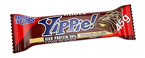 Weider Yippie Bar. Barrita de Proteína 36%. Bajo contenido en Carbohidratos y Azúcares. Sabor Brownie-Vainilla (12x45 g)