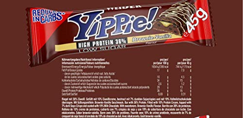 Weider Yippie Bar. Barrita de Proteína 36%. Bajo contenido en Carbohidratos y Azúcares. Sabor Brownie-Vainilla (12x45 g)