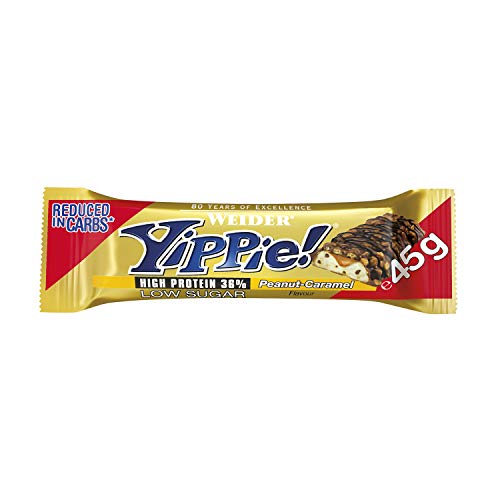 Weider Yippie Bar. Barrita de Proteína 36%. Bajo contenido en Carbohidratos y Azúcares. Sabor Cacahuete-Caramelo (12x45 g)