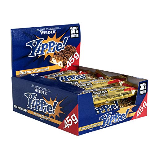 Weider Yippie Bar. Barrita de Proteína 36%. Bajo contenido en Carbohidratos y Azúcares. Sabor Cacahuete-Caramelo (12x45 g)