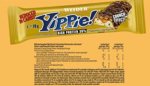 Weider Yippie Bar. Barrita de Proteína 36%. Bajo contenido en Carbohidratos y Azúcares. Sabor Cacahuete-Caramelo (12x70 g) Weider Yippie Bar. Barrita de Proteína 36%. Bajo contenido en Carbohidratos y Azúcares. Sabor Cacahuete-Caramelo (12x70 g)