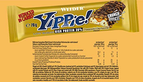 Weider Yippie Bar. Barrita de Proteína 36%. Bajo contenido en Carbohidratos y Azúcares. Sabor Cacahuete-Caramelo (12x70 g)