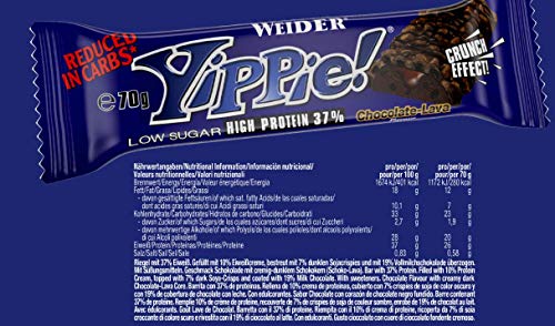 Weider Yippie Bar. Barrita de Proteína 36%. Bajo contenido en Carbohidratos y Azúcares. Sabor Chocolate Lava (12x70 g)