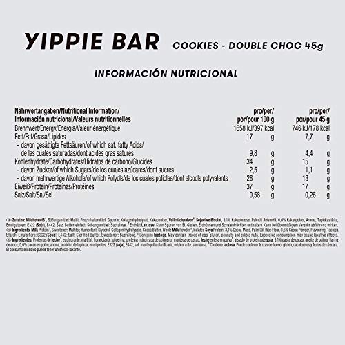 Weider Yippie Bar. Barrita de Proteína 36%. Bajo contenido en Carbohidratos y Azúcares. Sabor Galleta-Doble Chocolate (12x45 g)