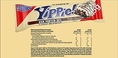 Weider Yippie Bar. Barrita de Proteína 36%. Bajo contenido en Carbohidratos y Azúcares. Sabor Triple Chocolate (12x45 g) Weider Yippie Bar. Barrita de Proteína 36%. Bajo contenido en Carbohidratos y Azúcares. Sabor Triple Chocolate (12x45 g)